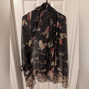 Bird and Floral Gerinly Print Sheer Wrap Scarf - Black and Pink